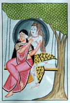 A traditional Indian folk art painting depicting a woman in a pink saree and a man with white skin and a yellow patterned skirt sitting on a swing under a green tree.
