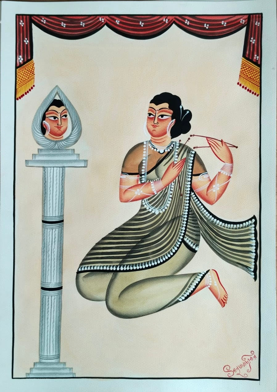 A traditional Indian folk art painting depicting a kneeling woman in a striped sari playing a flute, next to a stone pillar with a mirror showing her reflection. The background is a warm beige with red draped curtains at the top.