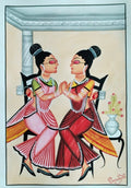 Hand-painted Kalighat-inspired artwork of two Bengali women having a conversation