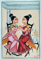Hand-painted Kalighat-inspired artwork of two Bengali women having a conversation