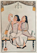 A traditional Indian folk art painting depicting a woman in a white saree and a man in a gray kurta sitting on a cushioned bench, with a hookah on the table below and a chandelier hanging above.