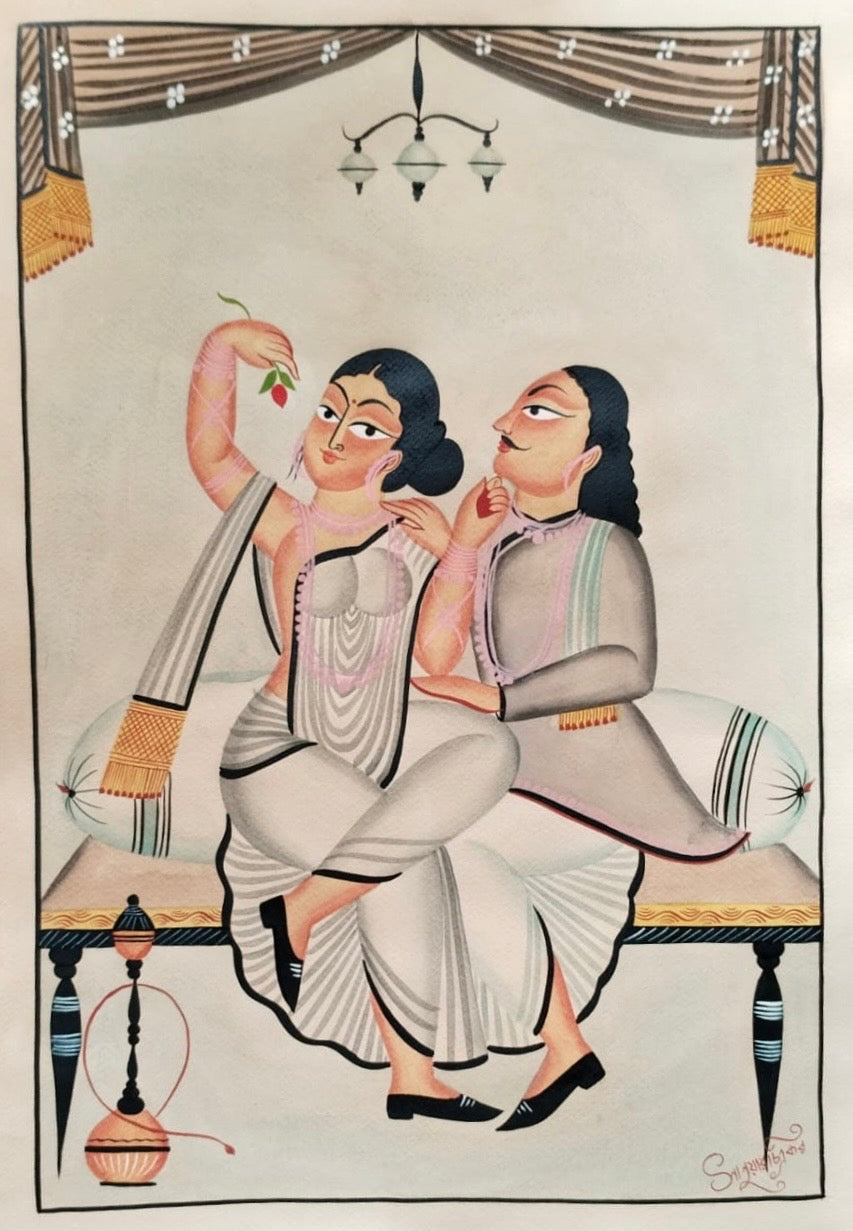 A traditional Indian folk art painting depicting a woman in a white saree and a man in a gray kurta sitting on a cushioned bench, with a hookah on the table below and a chandelier hanging above.