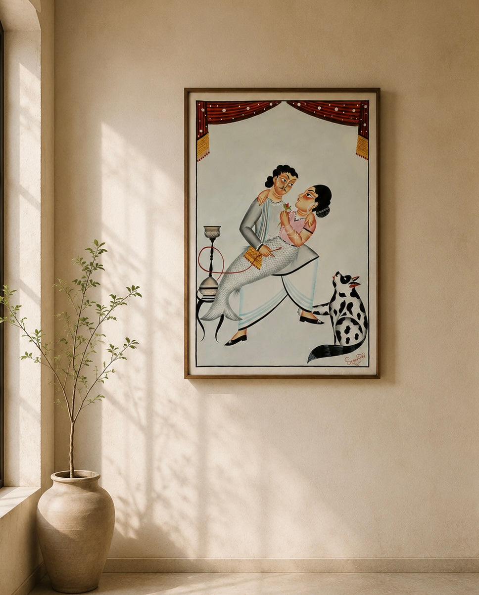Hand-Painted Kalighat Art – Bengali Couple with Dog and Hookah