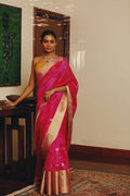 Pink chanderi silk saree with mashru zari border