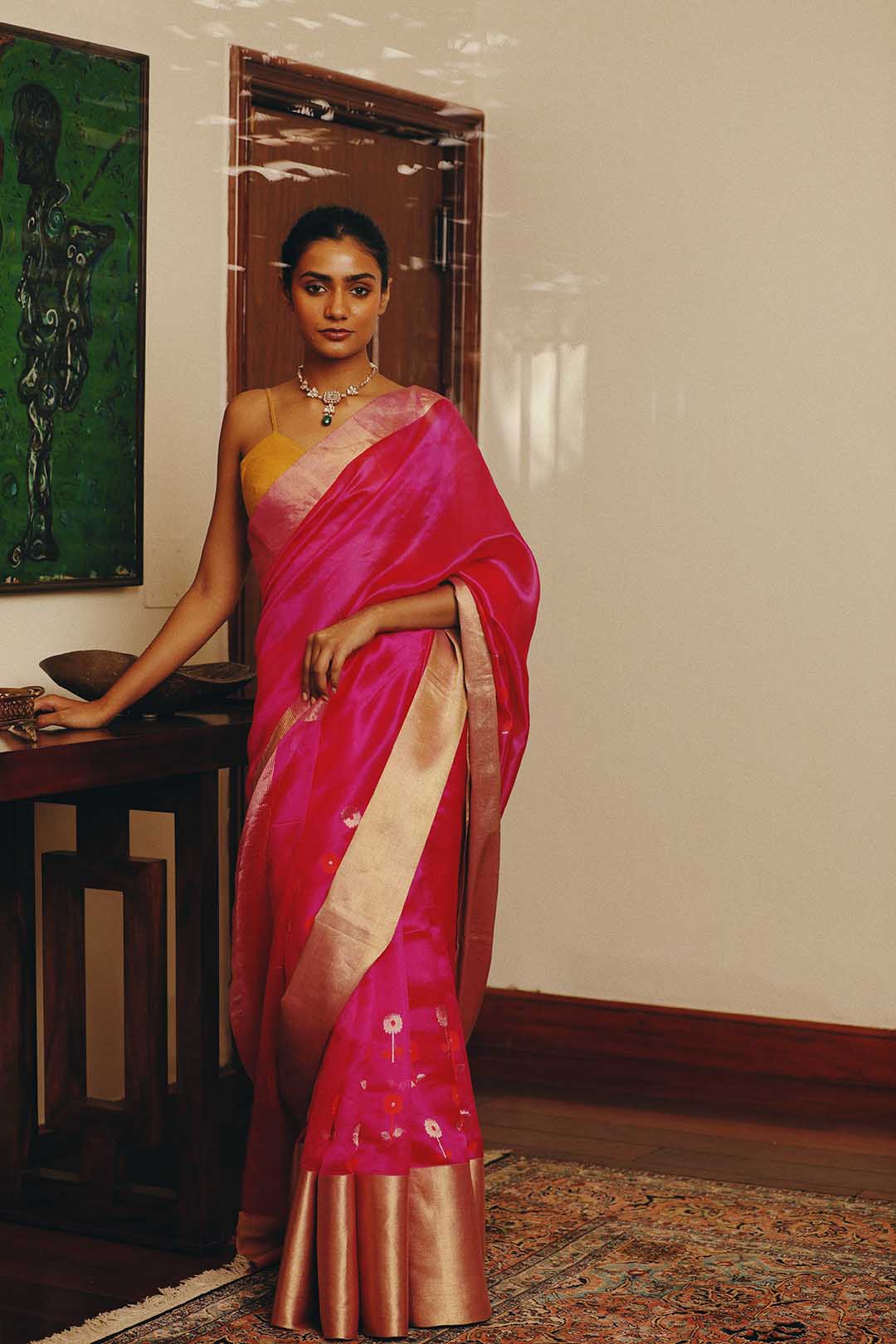 Pink chanderi silk saree with mashru zari border