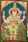 Hand-painted Kalamkari Lord Kartikeya wall art with Vel, peacock and intricate traditional details