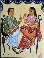 A traditional Indian folk art painting depicting a man playing a harmonium and a woman in a red and orange saree, set against a cream background with a blue patterned drape at the top.