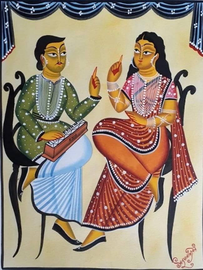 A traditional Indian folk art painting depicting a man playing a harmonium and a woman in a red and orange saree, set against a cream background with a blue patterned drape at the top.