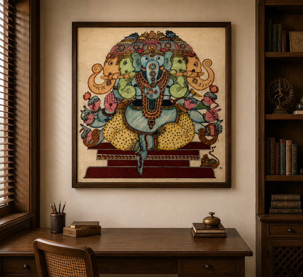Hand-Painted Kalamkari Pancha Mukha Ganesha Wall Art – 50 × 60 Inches