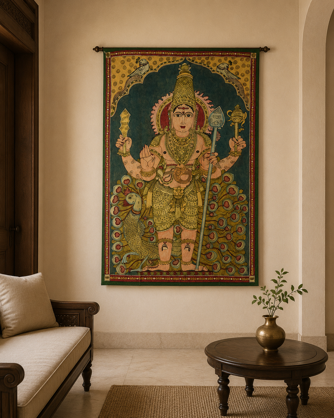 Hand-Painted Kalamkari Sree Kartikeya Lord Wall Art – 60 × 40 Inches