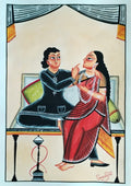 Hand-Painted Kalighat Art – Bengali Couple in Conversation