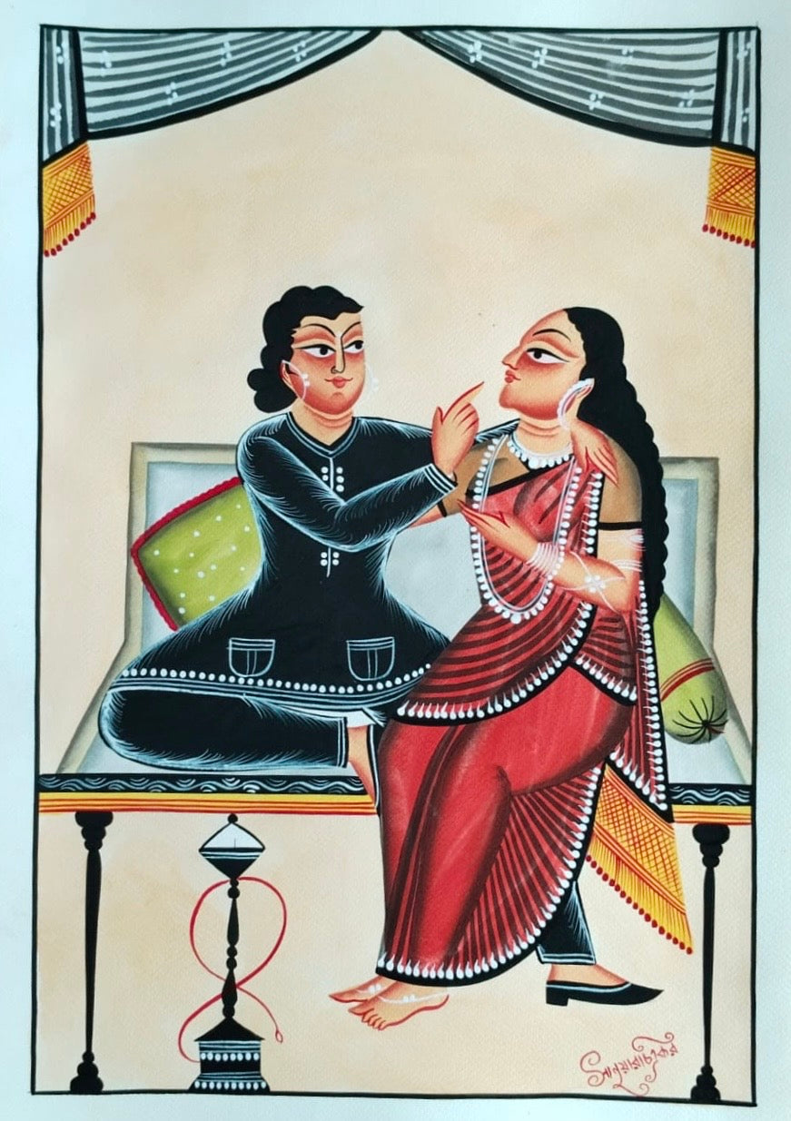 Hand-Painted Kalighat Art – Bengali Couple in Conversation