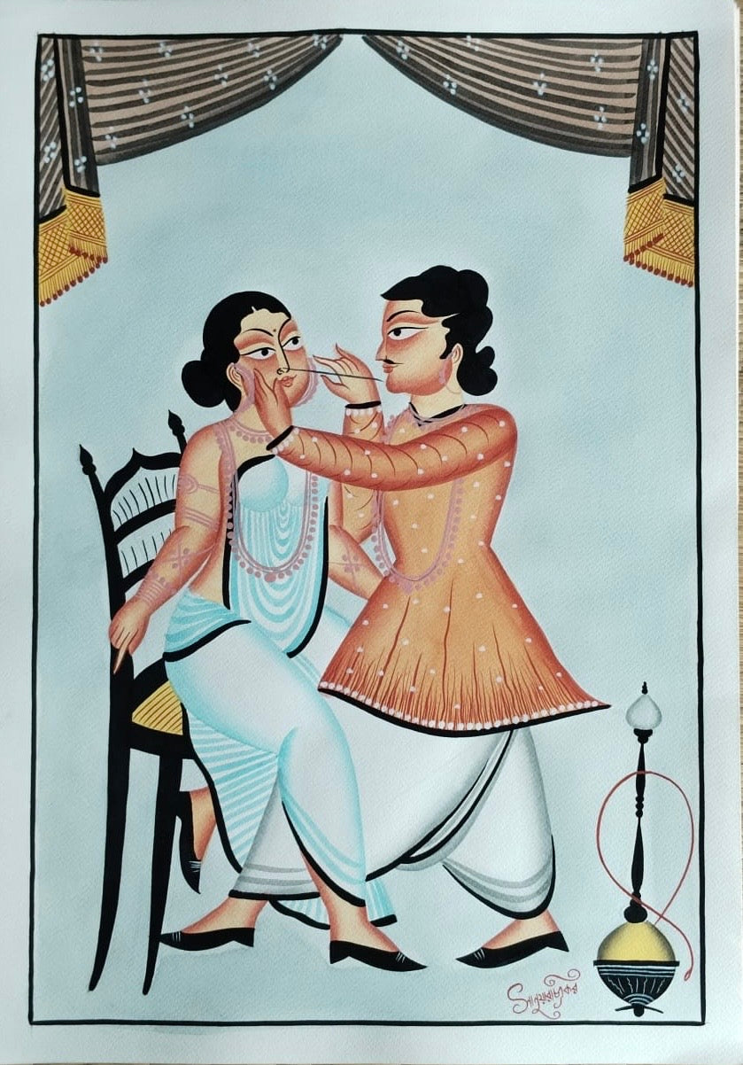 A traditional Indian folk art painting depicting a woman applying makeup or face paint to another seated woman. The scene is framed with patterned curtains at the top and a hookah in the lower right corner, set against a light blue background.