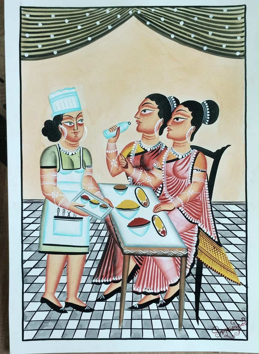 A traditional Indian folk art painting depicting a kitchen scene with three women around a table. One woman on the left wears a green apron and white hat while holding a tray.