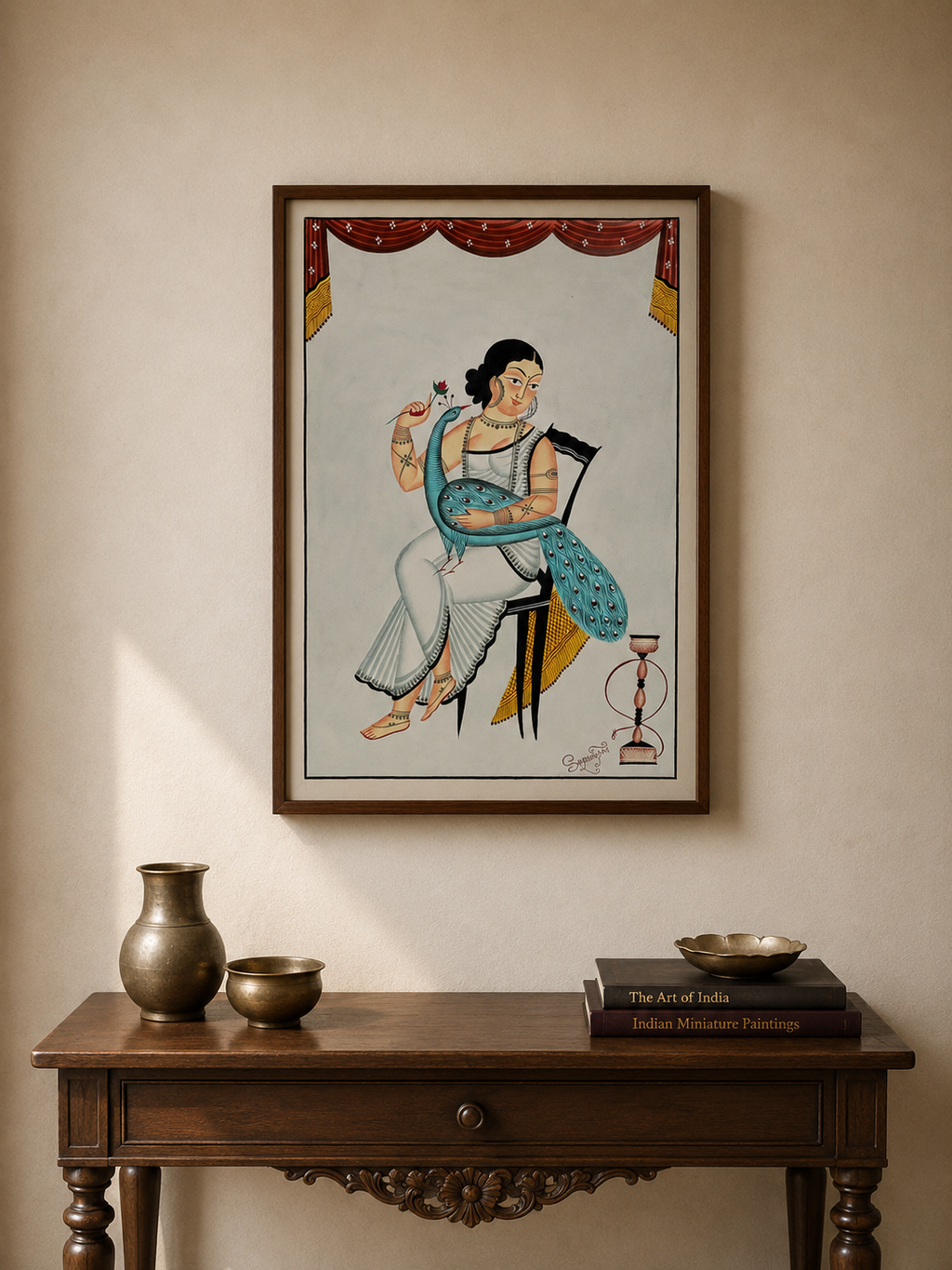 Hand-Painted Kalighat Art – Bengali Woman with Peacock