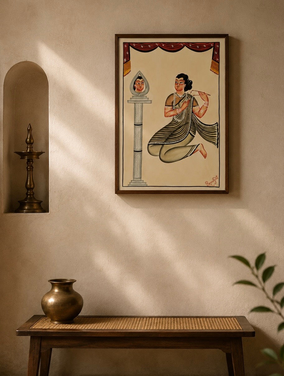 Hand-Painted Kalighat Art – Bengali Woman Combing Her Hair