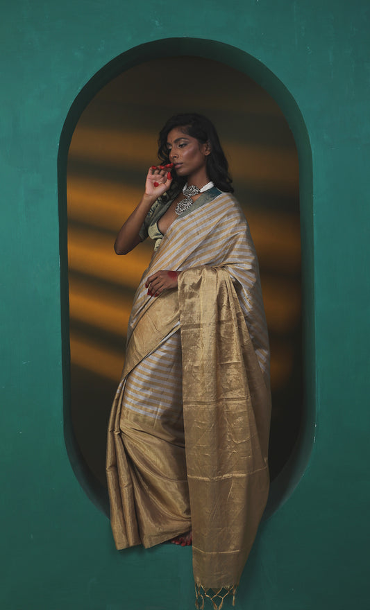Full Tissue Chanderi  saree with silver and gold stripes