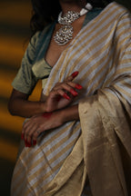 Full Tissue Chanderi  saree with silver and gold stripes