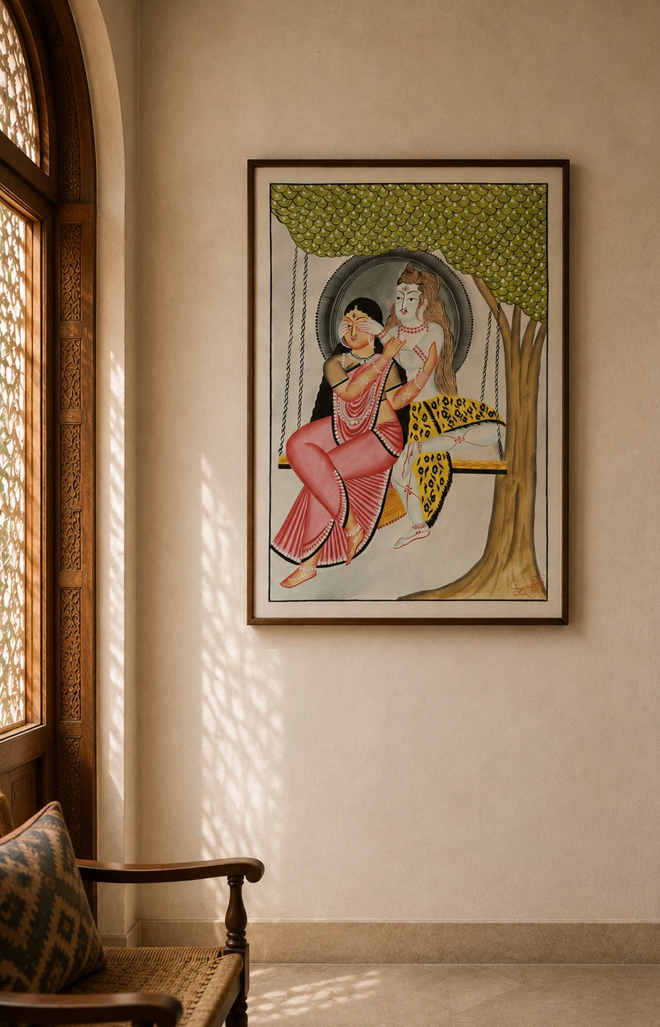 Hand-Painted Kalighat Art – Lord Shiva & Parvati on a Swing