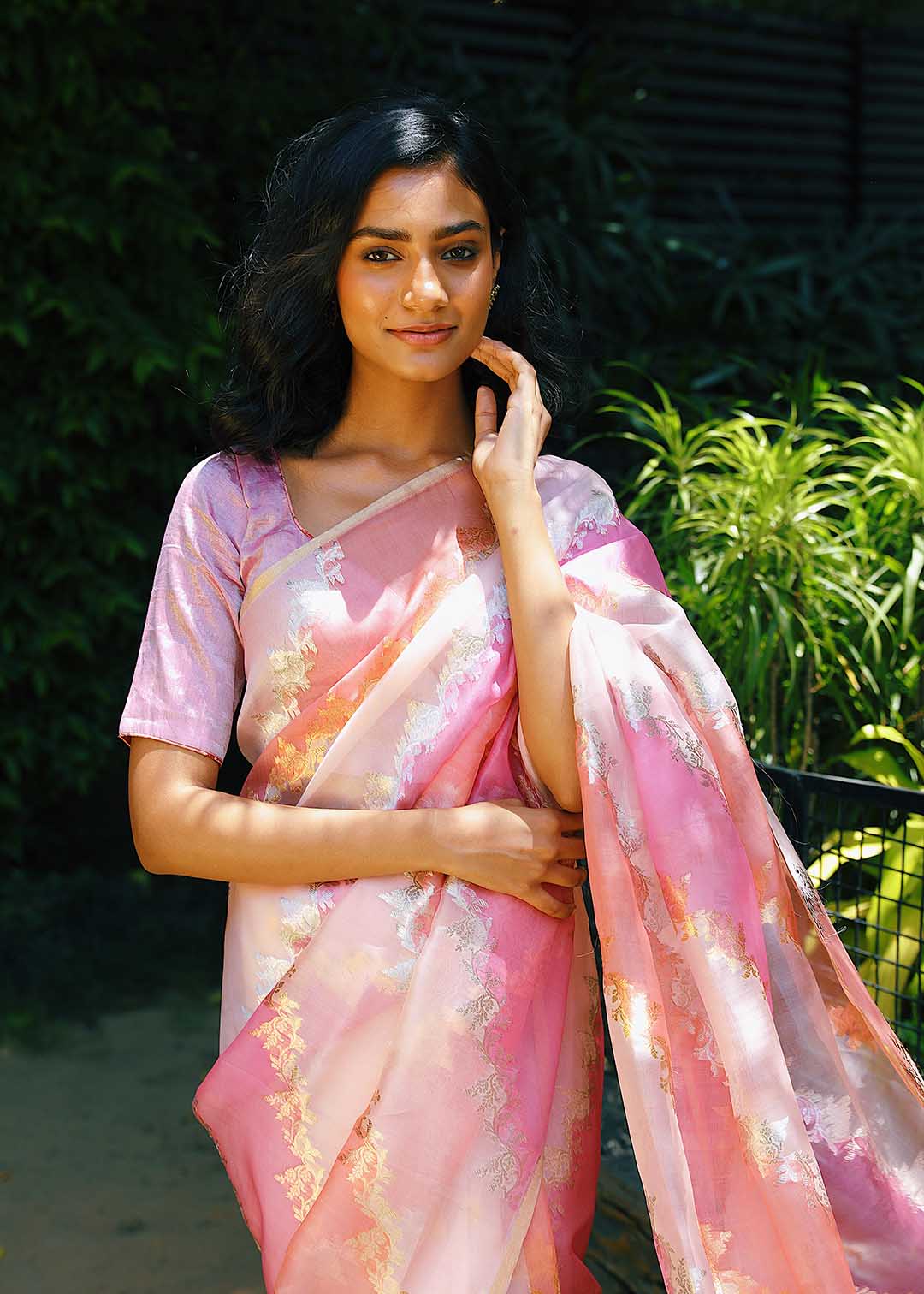 Soft Pink Banarasi Organza Rangkat Saree with Blouse