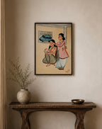 Hand-Painted Kalighat Art – Bengali Women in a Traditional Beauty Ritual
