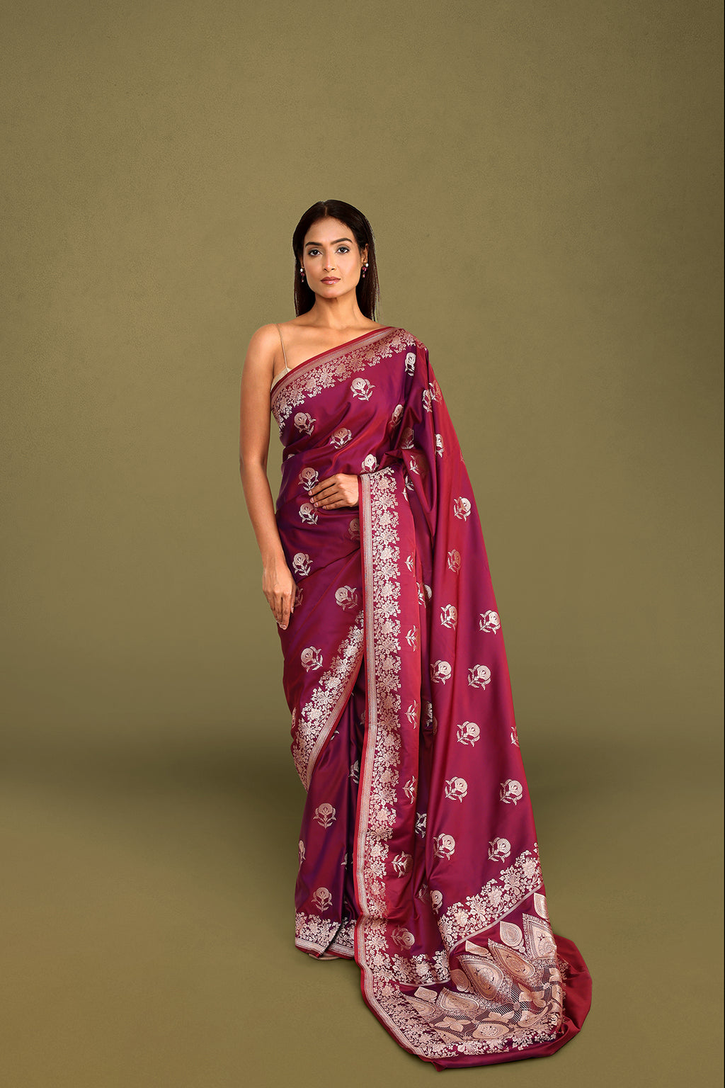 Wine Banarasi Mashru Satin Saree with Zari Floral Weave