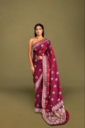 Wine Banarasi Mashru Satin Saree with Zari Floral Weave