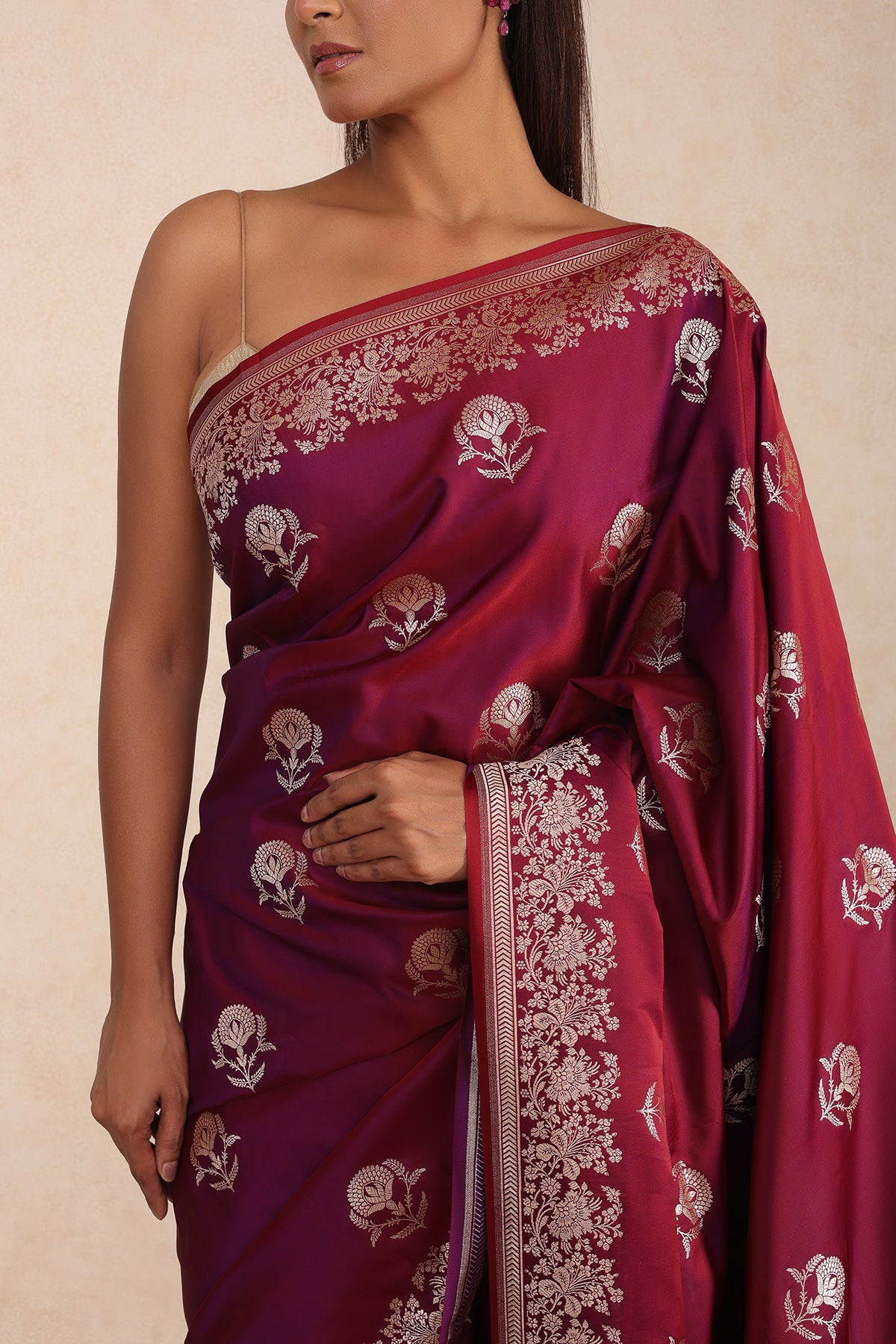 Wine Banarasi Mashru Satin Saree with Zari Floral Weave