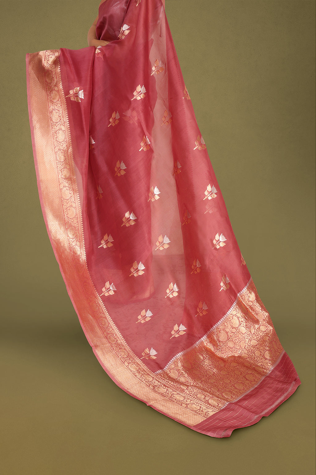 Rose Pink Pure Organza Silk Banarasi Saree with Zari Motifs