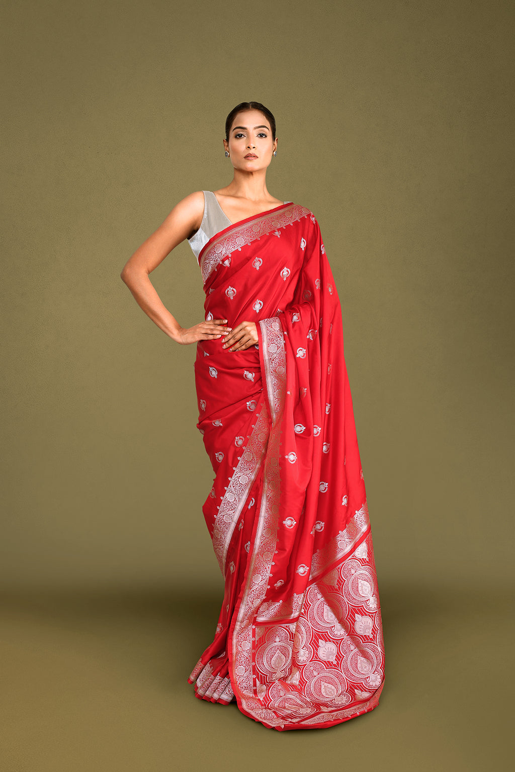 Red Banarasi Mashru Satin Silk Saree with Zari Border