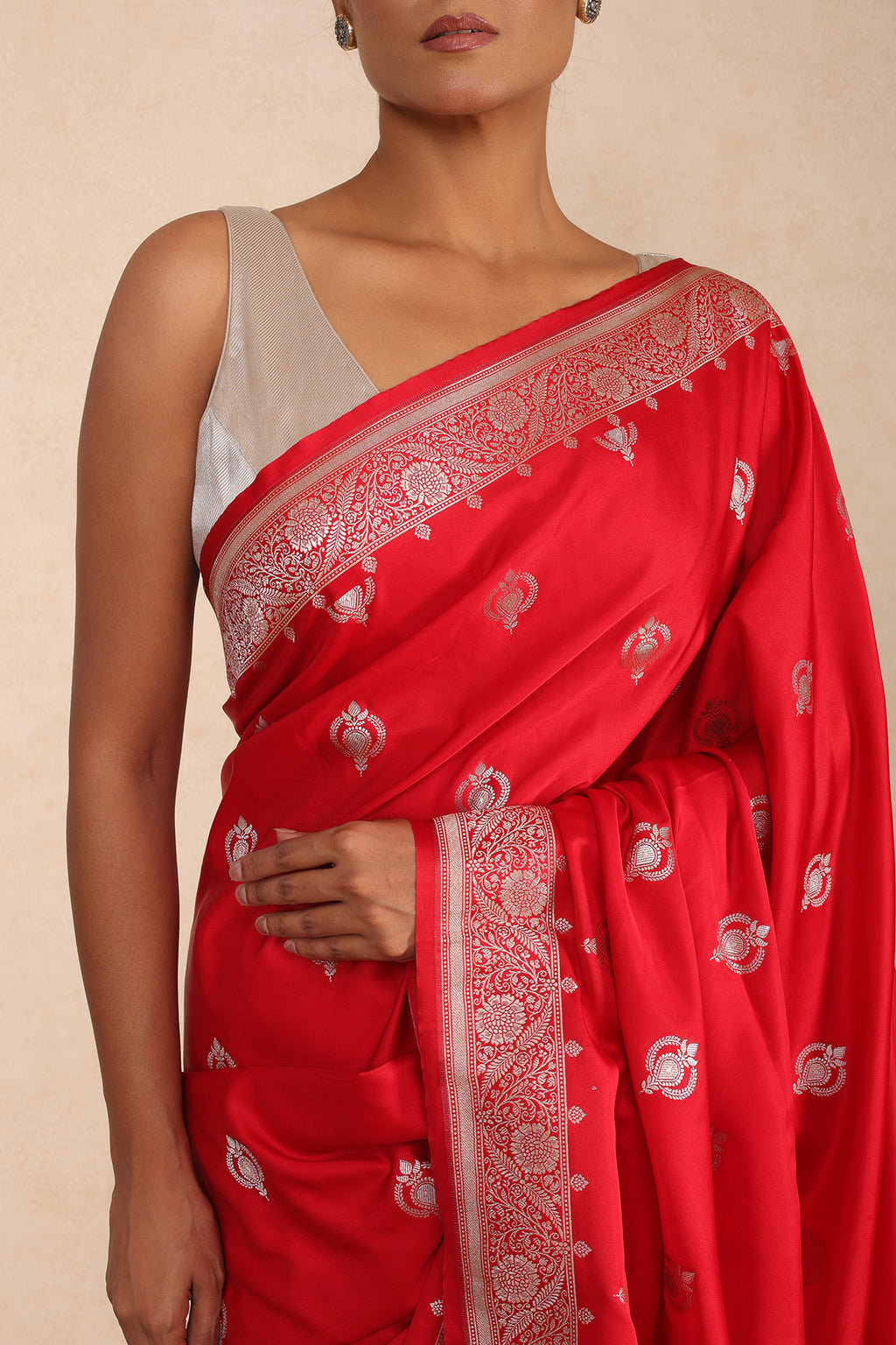 Red Banarasi Mashru Satin Silk Saree with Zari Border