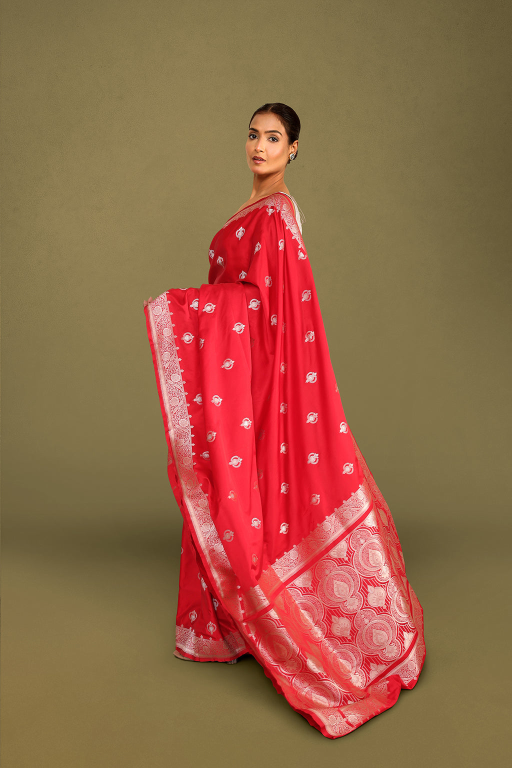 Red Banarasi Mashru Satin Silk Saree with Zari Border