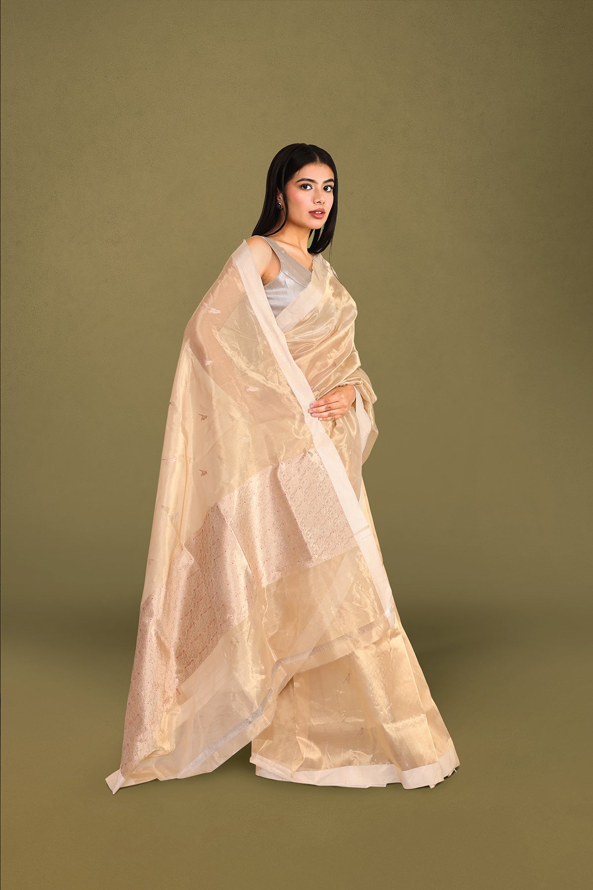 Champagne Gold Tissue Banarasi Saree with Handwoven Bird Motifs