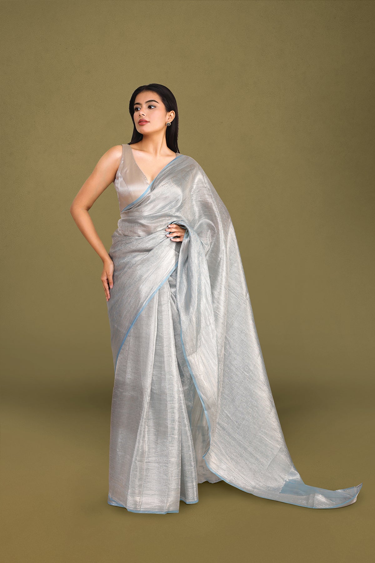 Banarasi Tissue Saree with Luminous Silver-Blue Weave