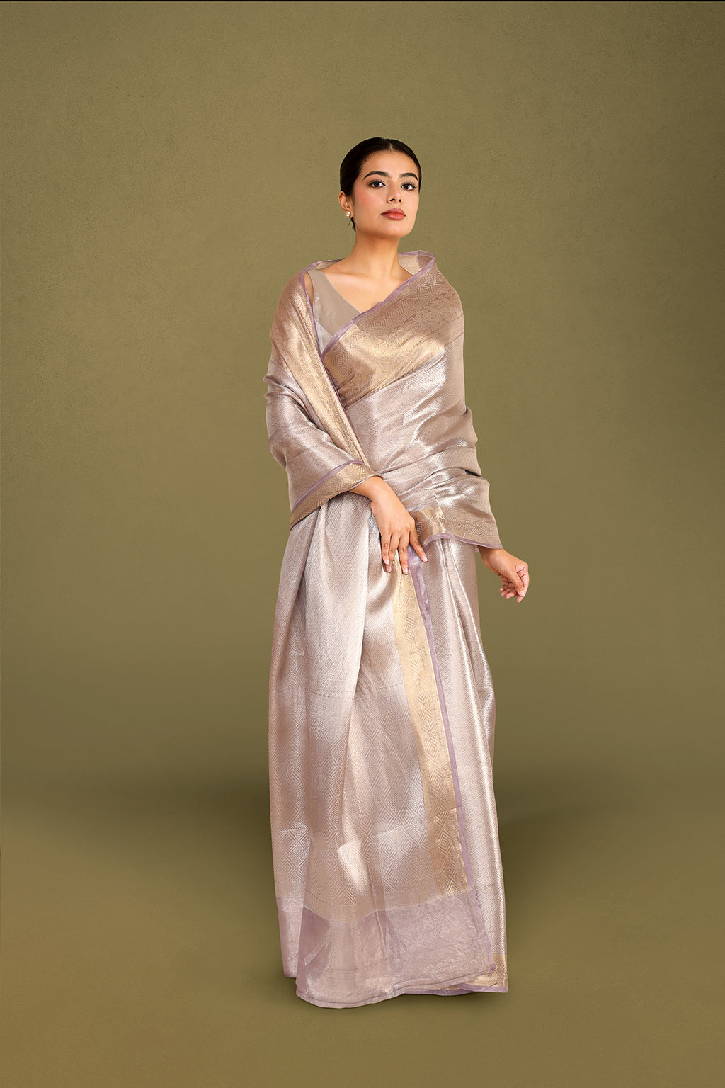 Silver-Gold Banarasi Tissue Saree with Intricate Weaving