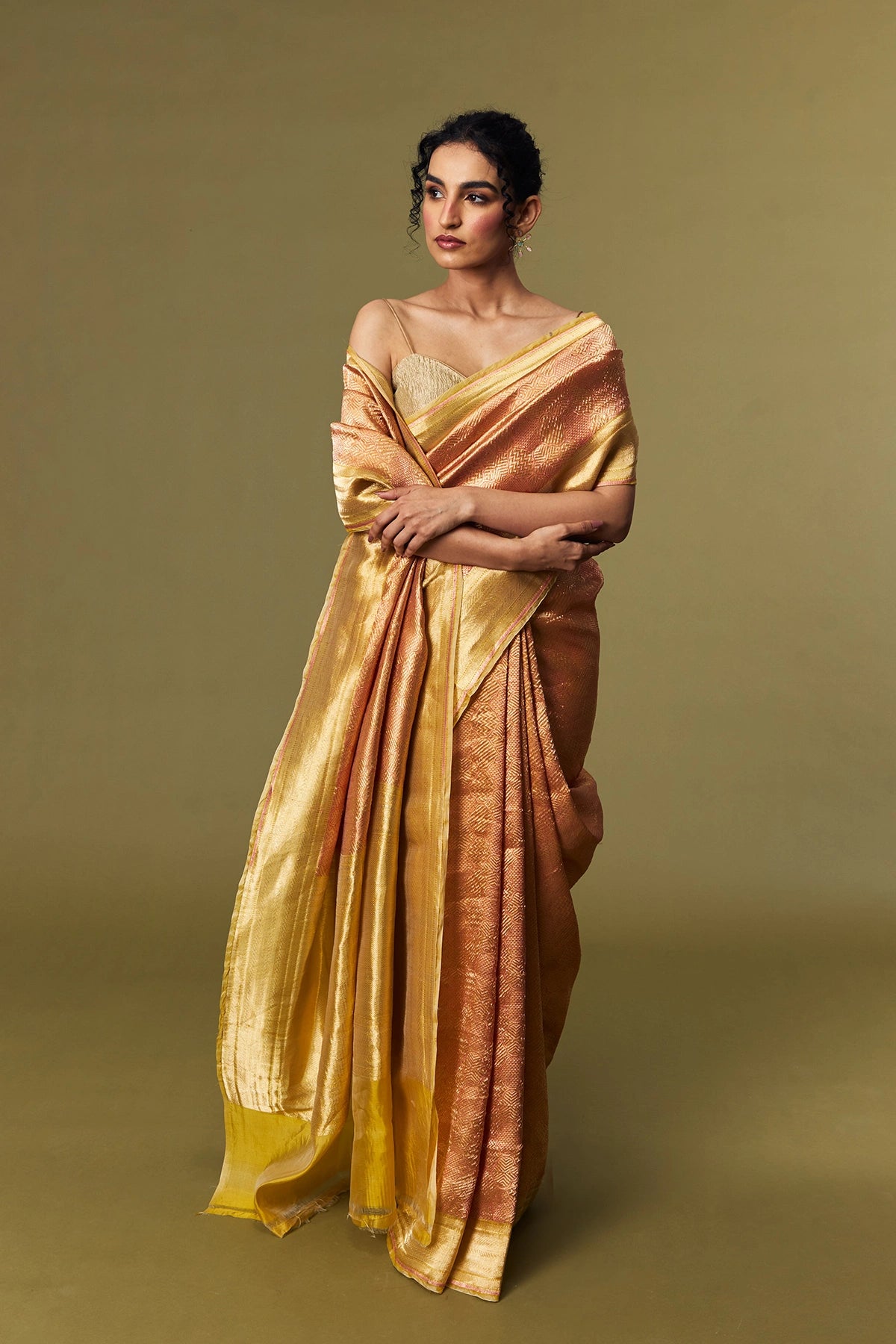Golden Copper Silk Banarasi Jamawar Brocade Saree