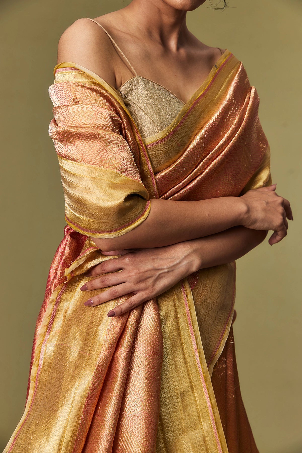 Golden Copper Silk Banarasi Jamawar Brocade Saree
