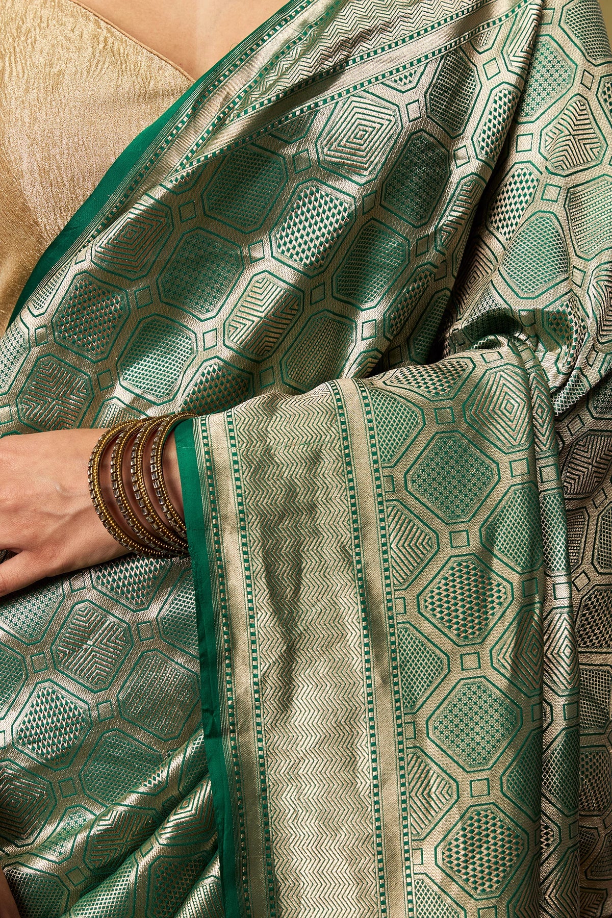 Emerald Green Jamdani Chowkdi Banarasi Saree