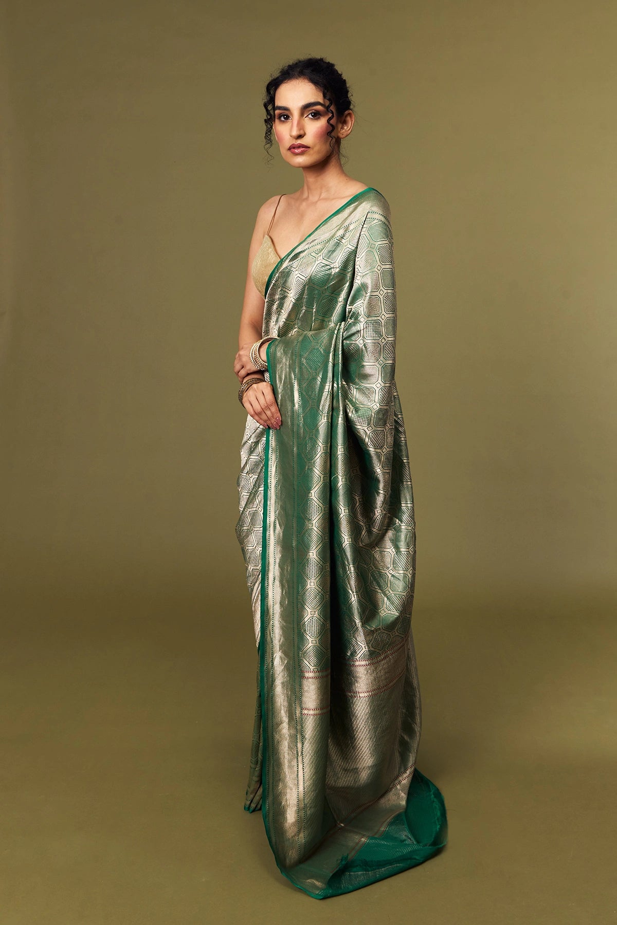 Emerald Green Jamdani Chowkdi Banarasi Saree