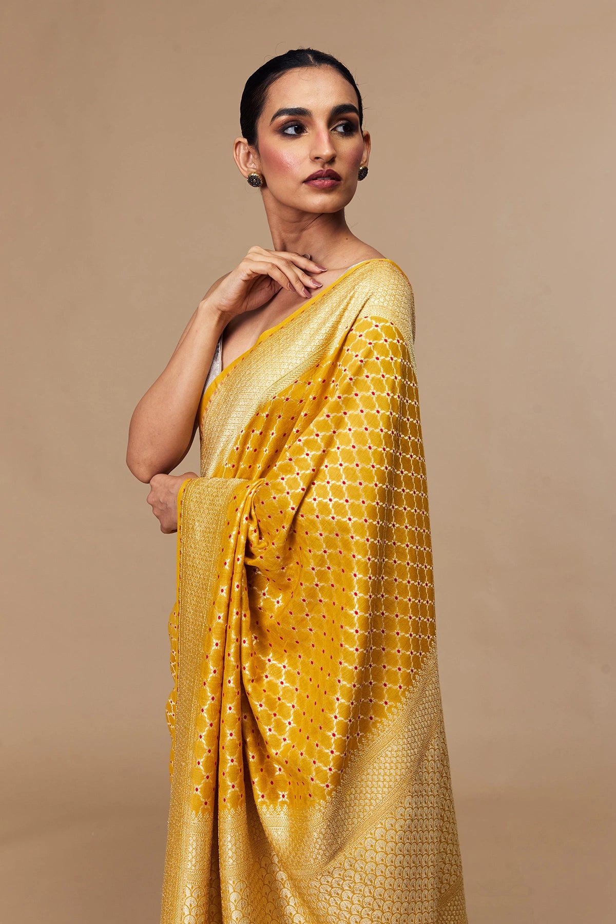 Golden Yellow Pure Muga Silk Banarasi Saree with Meenakari Jaal