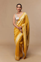 Golden Yellow Pure Muga Silk Banarasi Saree with Meenakari Jaal