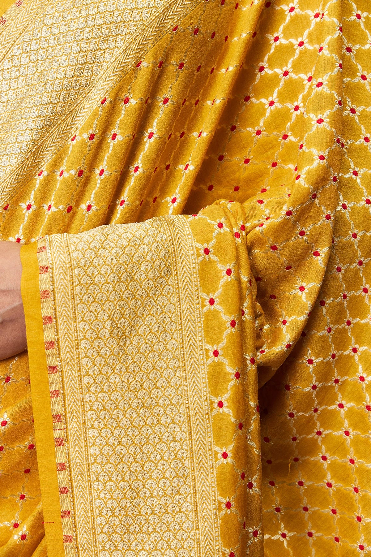 Golden Yellow Pure Muga Silk Banarasi Saree with Meenakari Jaal