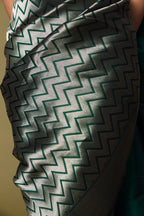 Close-up of zig-zag zari pallu in green Banarasi silk saree