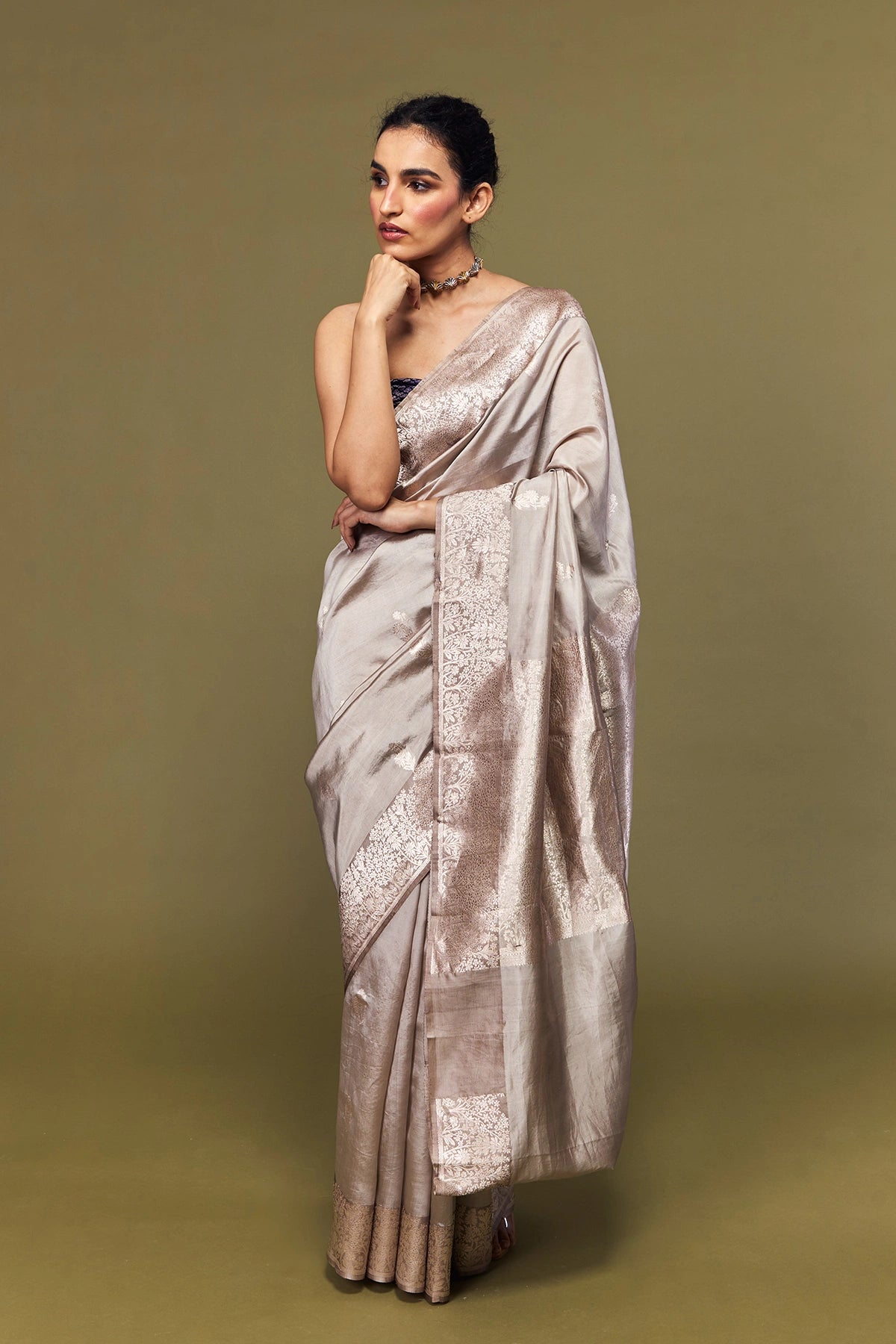 Ivory Rose Banarasi Mango Silk Saree – Floral Zari Elegance