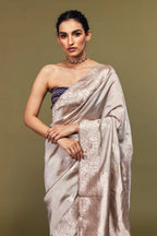 Ivory Rose Banarasi Mango Silk Saree – Floral Zari Elegance