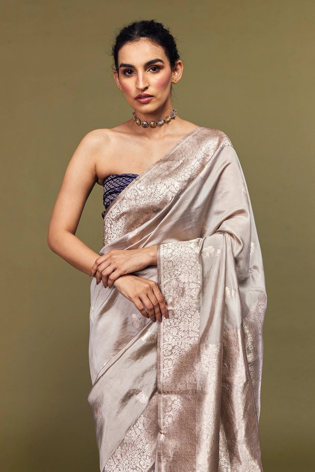 Ivory Rose Banarasi Mango Silk Saree – Floral Zari Elegance