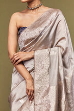 Ivory Rose Banarasi Mango Silk Saree – Floral Zari Elegance