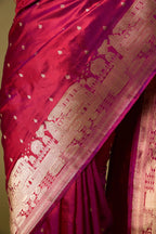 Kadwa weave motifs and brocade texture on deep pink Katan silk