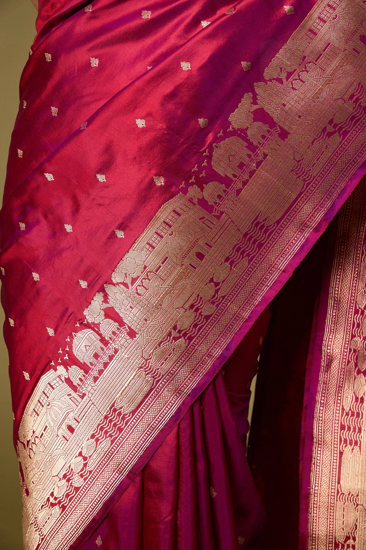 Kadwa weave motifs and brocade texture on deep pink Katan silk