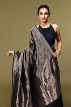 Chevron-style zari border on black Tanchoi brocade silk sare